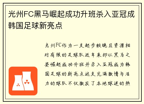 光州FC黑马崛起成功升班杀入亚冠成韩国足球新亮点